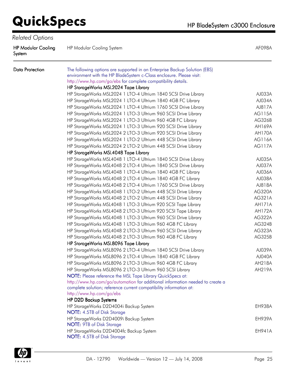 Quickspecs, Hp bladesystem c3000 enclosure, Hp bladesystem c3000 enclosure related options | HP Hewlett-Packard BladeSystem Enclosure c3000 User Manual | Page 25 / 37