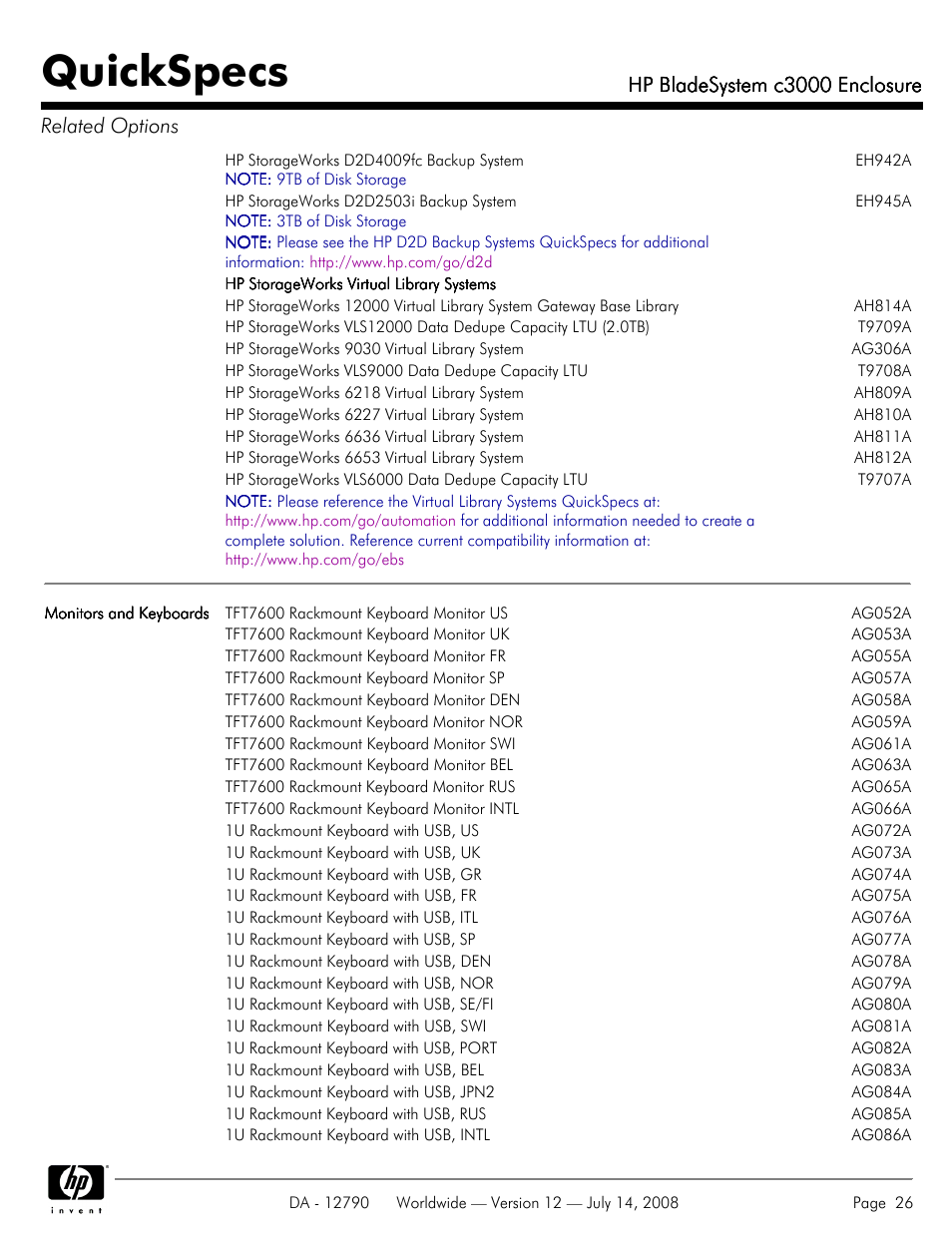 Quickspecs, Hp bladesystem c3000 enclosure, Hp bladesystem c3000 enclosure related options | HP Hewlett-Packard BladeSystem Enclosure c3000 User Manual | Page 26 / 37