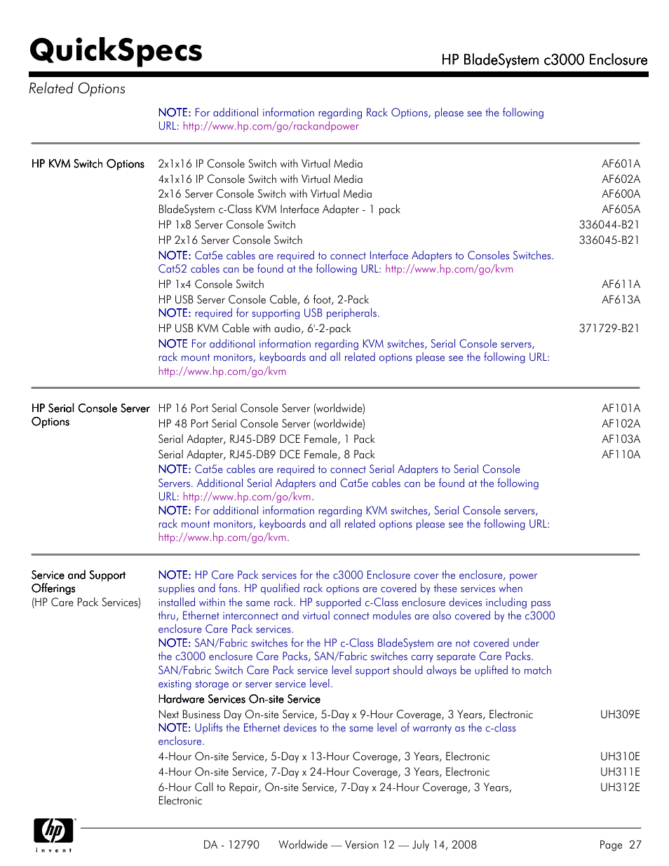 Quickspecs, Hp bladesystem c3000 enclosure, Hp bladesystem c3000 enclosure related options | HP Hewlett-Packard BladeSystem Enclosure c3000 User Manual | Page 27 / 37