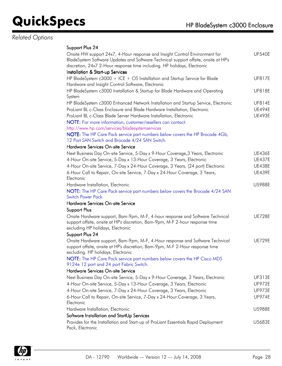 Quickspecs, Hp bladesystem c3000 enclosure, Hp bladesystem c3000 enclosure related options | HP Hewlett-Packard BladeSystem Enclosure c3000 User Manual | Page 28 / 37