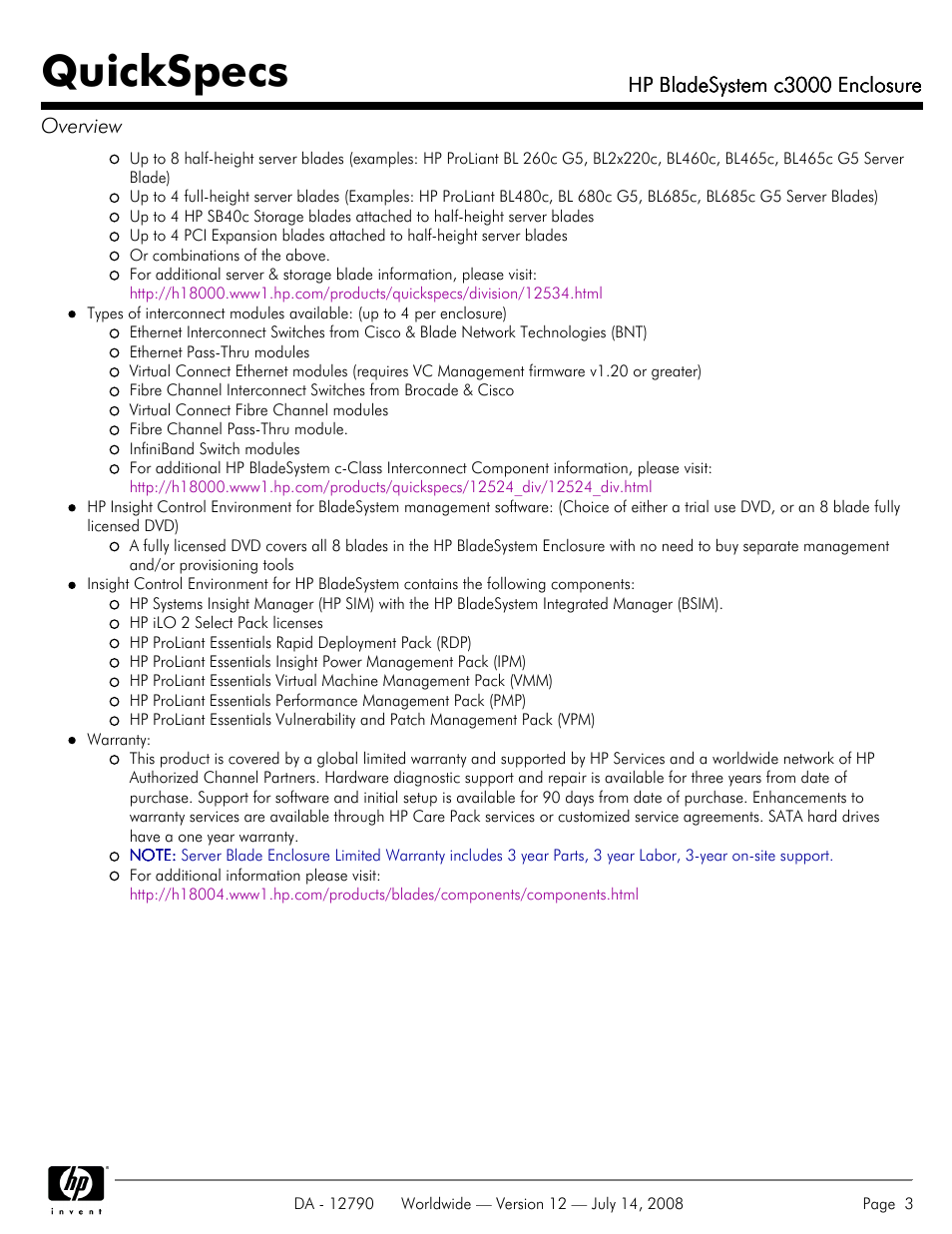 Quickspecs | HP Hewlett-Packard BladeSystem Enclosure c3000 User Manual | Page 3 / 37