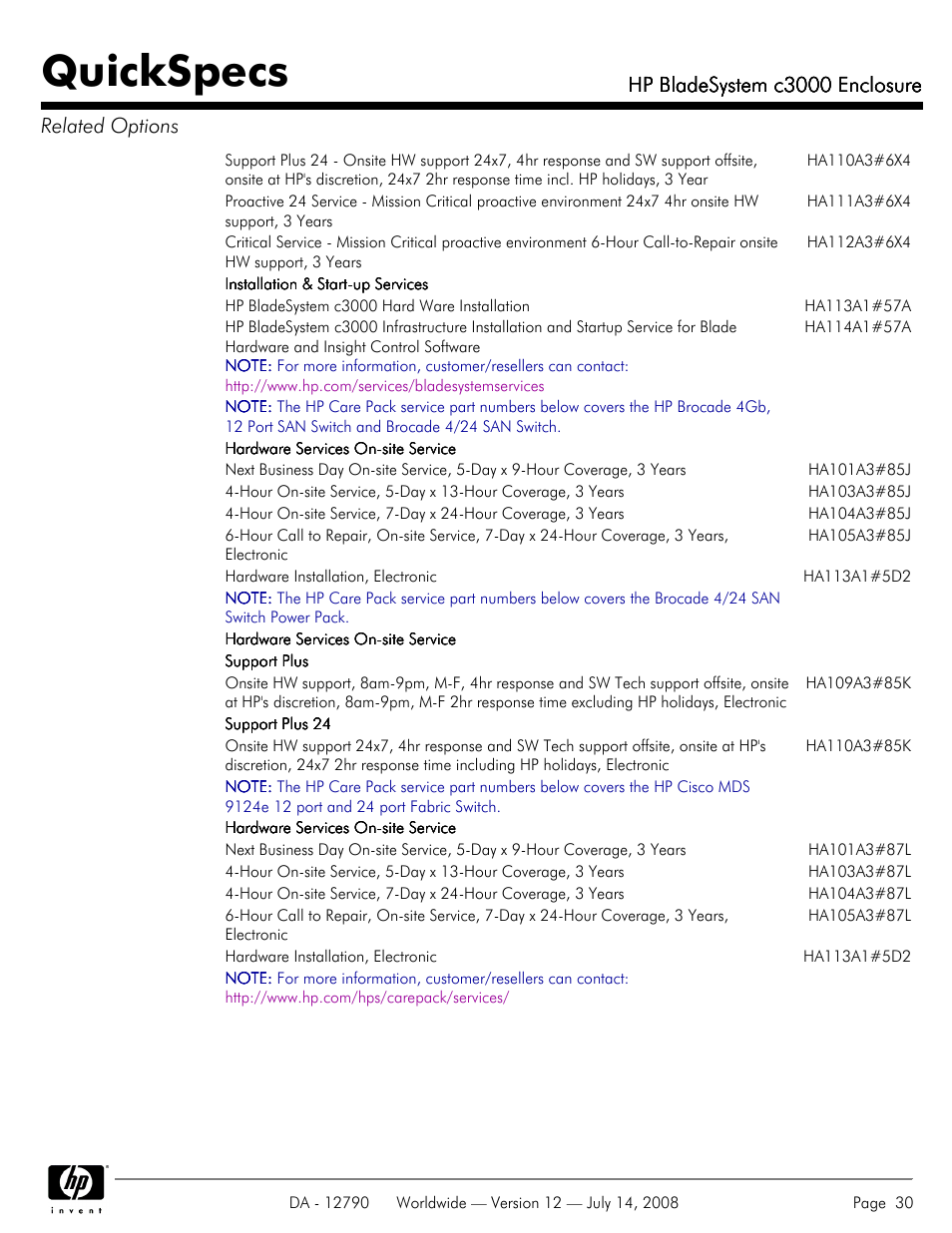 Quickspecs, Hp bladesystem c3000 enclosure, Hp bladesystem c3000 enclosure related options | HP Hewlett-Packard BladeSystem Enclosure c3000 User Manual | Page 30 / 37