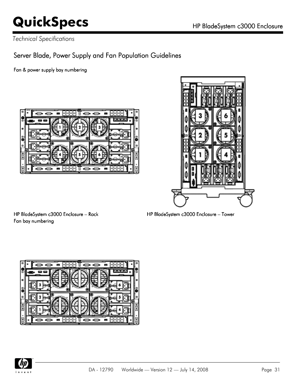 Technical specifications, Quickspecs | HP Hewlett-Packard BladeSystem Enclosure c3000 User Manual | Page 31 / 37