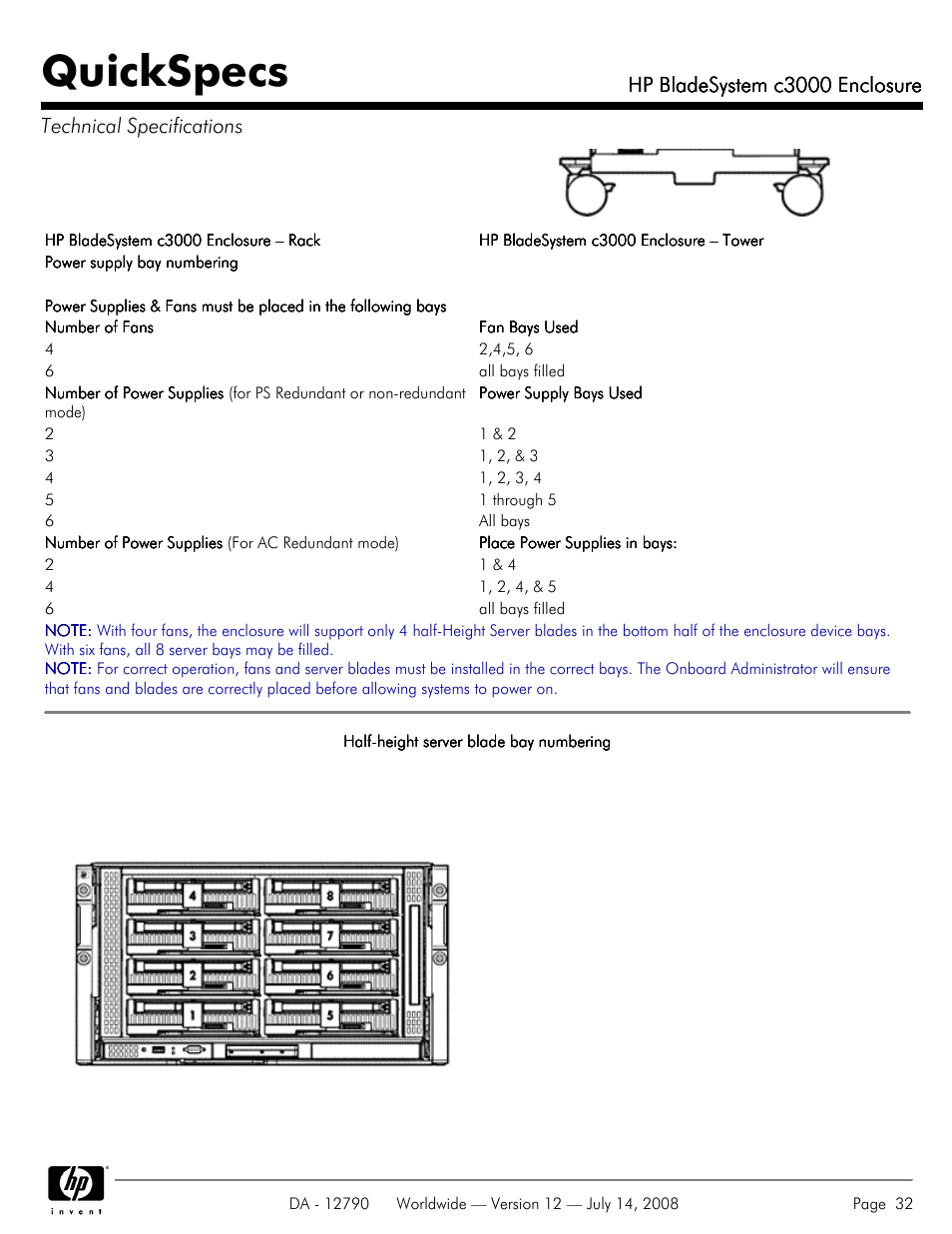 Quickspecs, Hp bladesystem c3000 enclosure | HP Hewlett-Packard BladeSystem Enclosure c3000 User Manual | Page 32 / 37