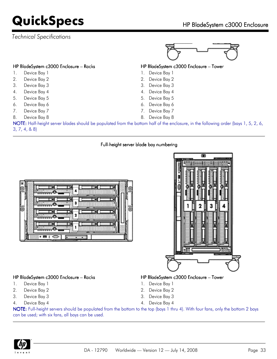 Quickspecs, Hp bladesystem c3000 enclosure | HP Hewlett-Packard BladeSystem Enclosure c3000 User Manual | Page 33 / 37