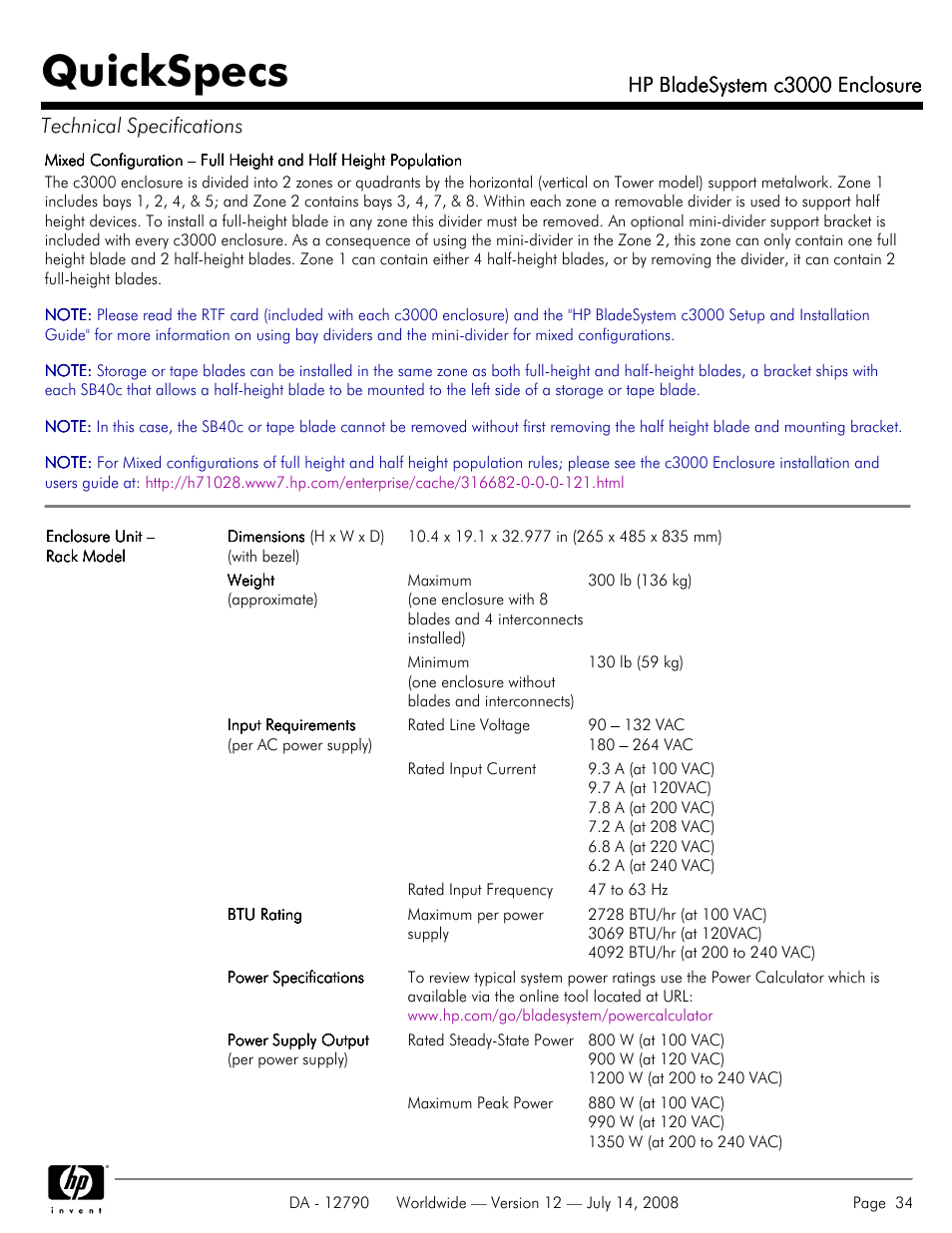 Quickspecs, Hp bladesystem c3000 enclosure | HP Hewlett-Packard BladeSystem Enclosure c3000 User Manual | Page 34 / 37