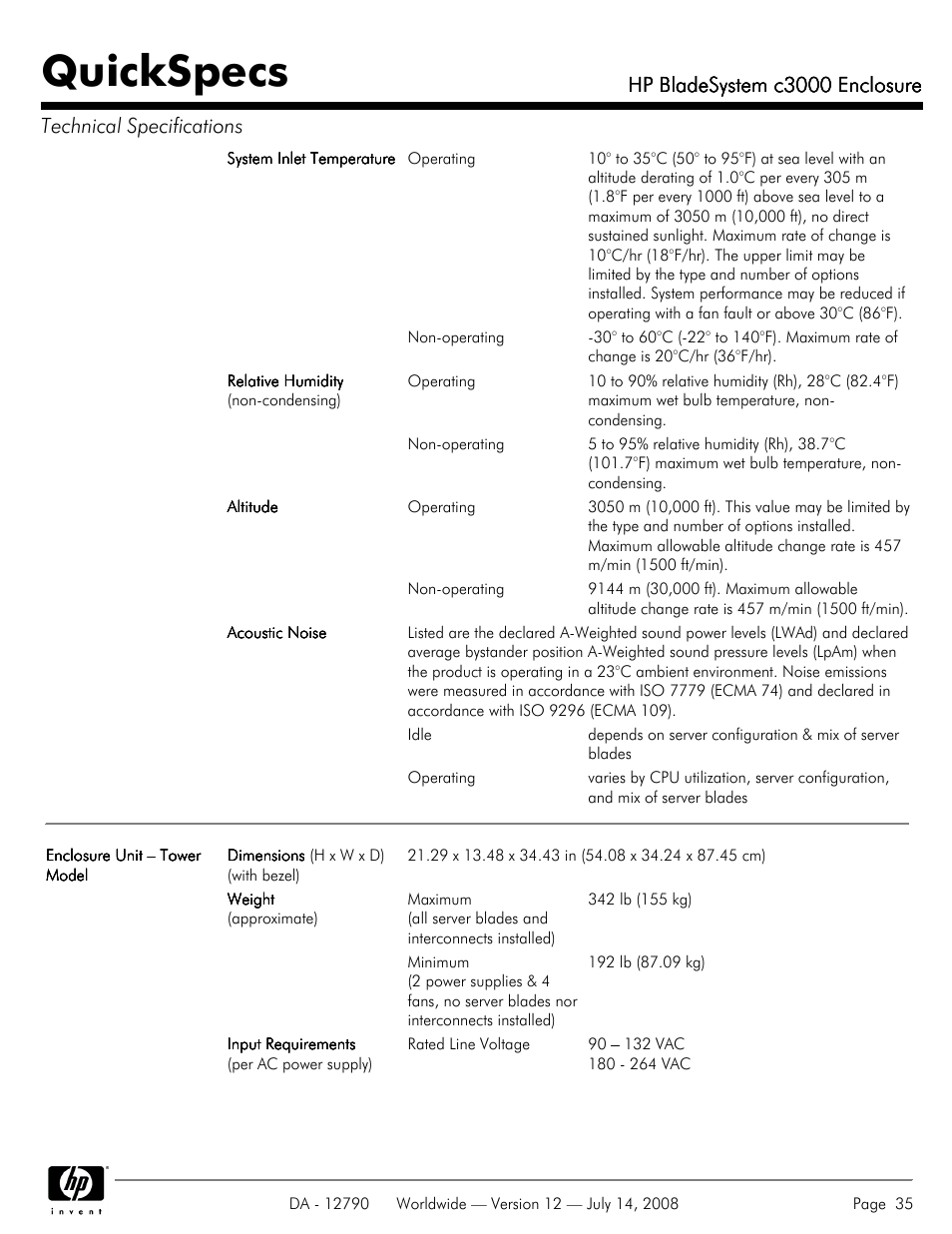 Quickspecs, Hp bladesystem c3000 enclosure | HP Hewlett-Packard BladeSystem Enclosure c3000 User Manual | Page 35 / 37