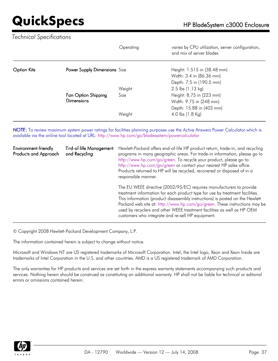 Quickspecs, Hp bladesystem c3000 enclosure | HP Hewlett-Packard BladeSystem Enclosure c3000 User Manual | Page 37 / 37