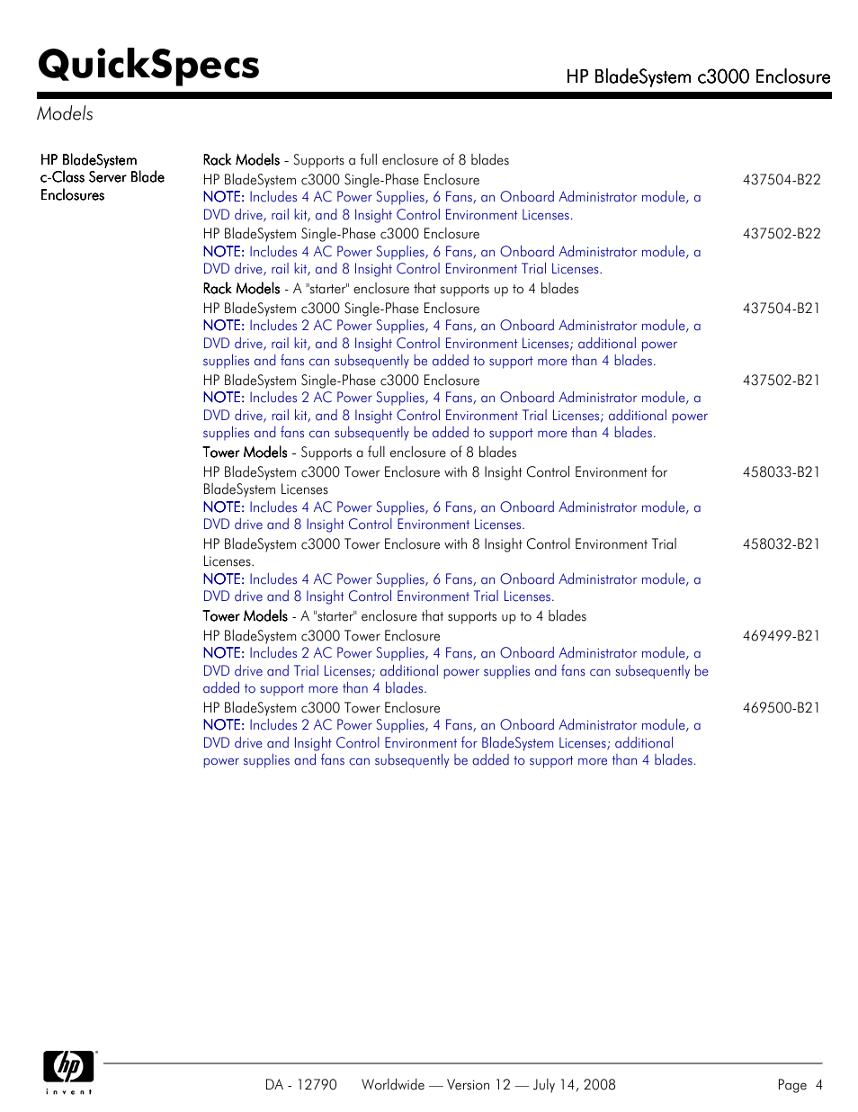 Models, Quickspecs, Hp bladesystem c3000 enclosure | Hp bladesystem c3000 enclosure models | HP Hewlett-Packard BladeSystem Enclosure c3000 User Manual | Page 4 / 37