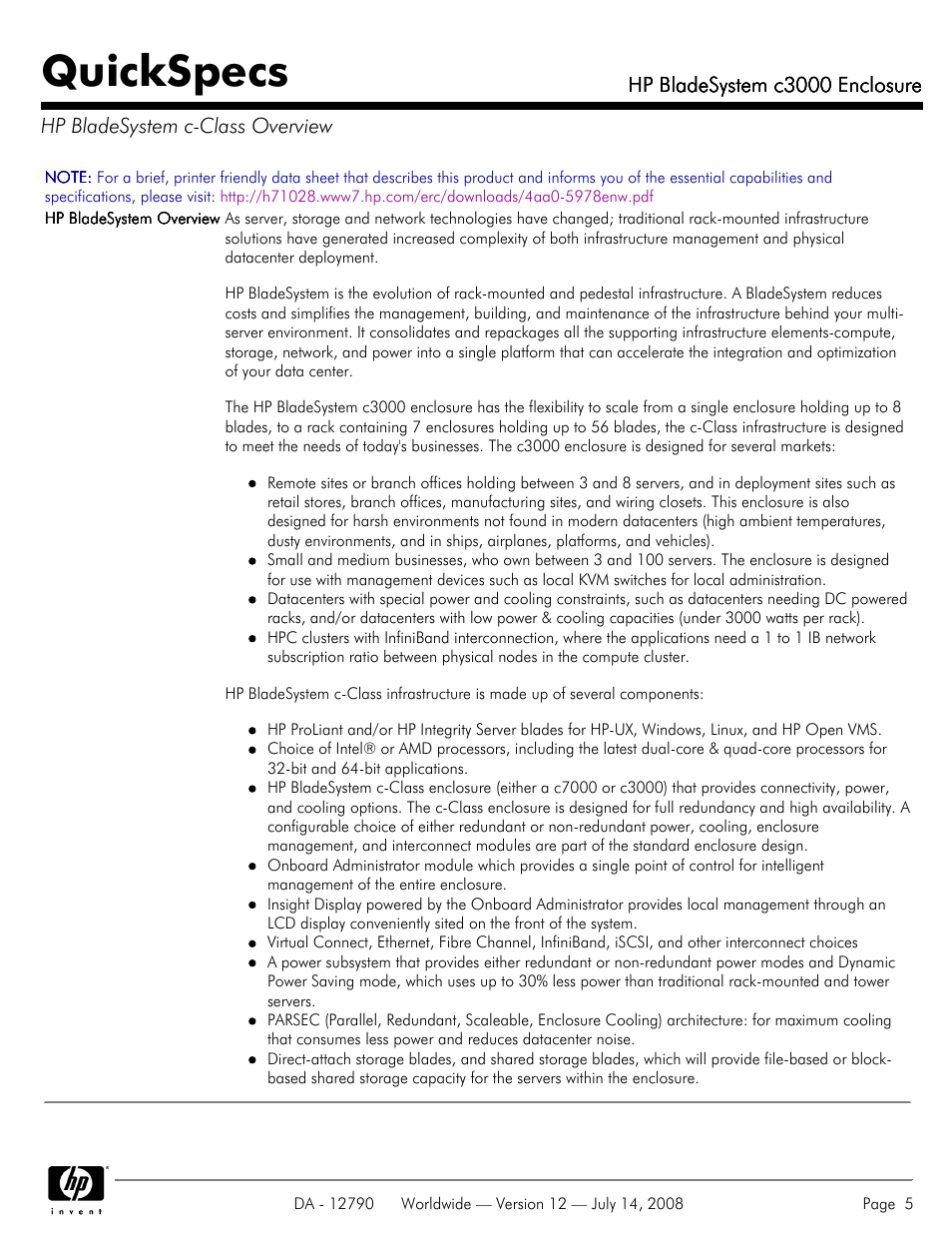 Hp bladesystem c-class overview, Quickspecs | HP Hewlett-Packard BladeSystem Enclosure c3000 User Manual | Page 5 / 37