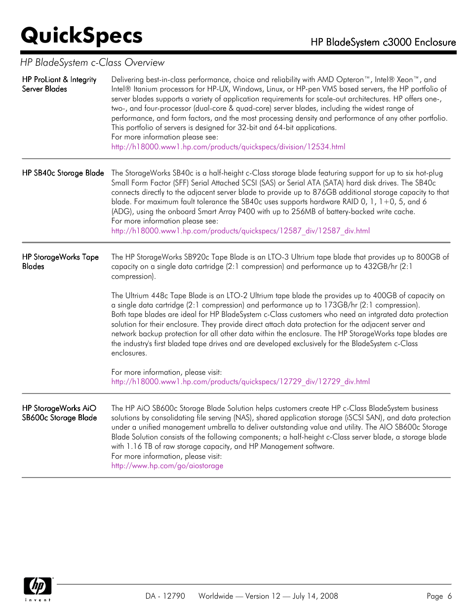 Quickspecs, Hp bladesystem c3000 enclosure | HP Hewlett-Packard BladeSystem Enclosure c3000 User Manual | Page 6 / 37