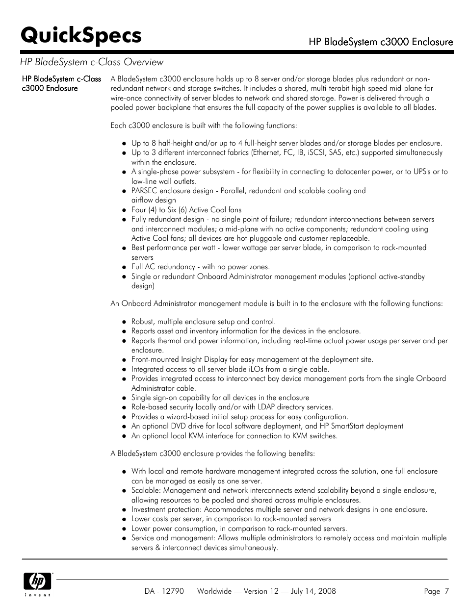 Quickspecs | HP Hewlett-Packard BladeSystem Enclosure c3000 User Manual | Page 7 / 37