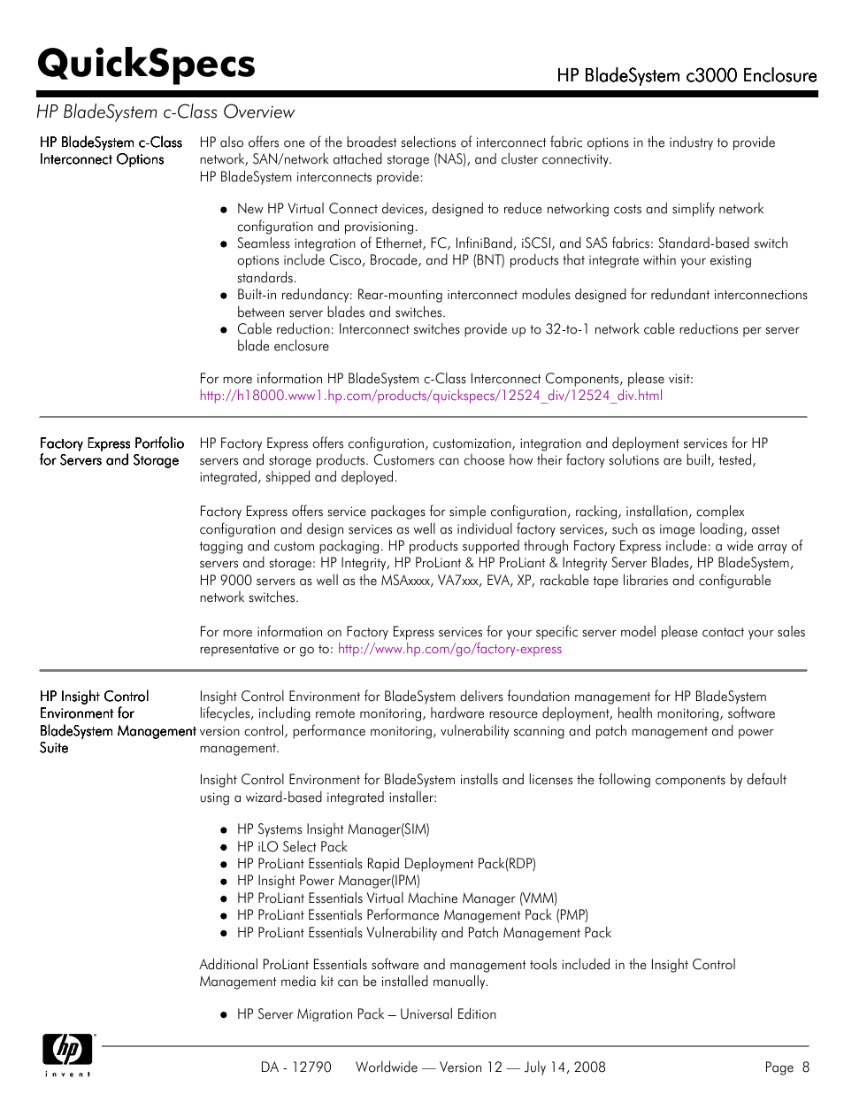 Quickspecs, Hp bladesystem c3000 enclosure | HP Hewlett-Packard BladeSystem Enclosure c3000 User Manual | Page 8 / 37