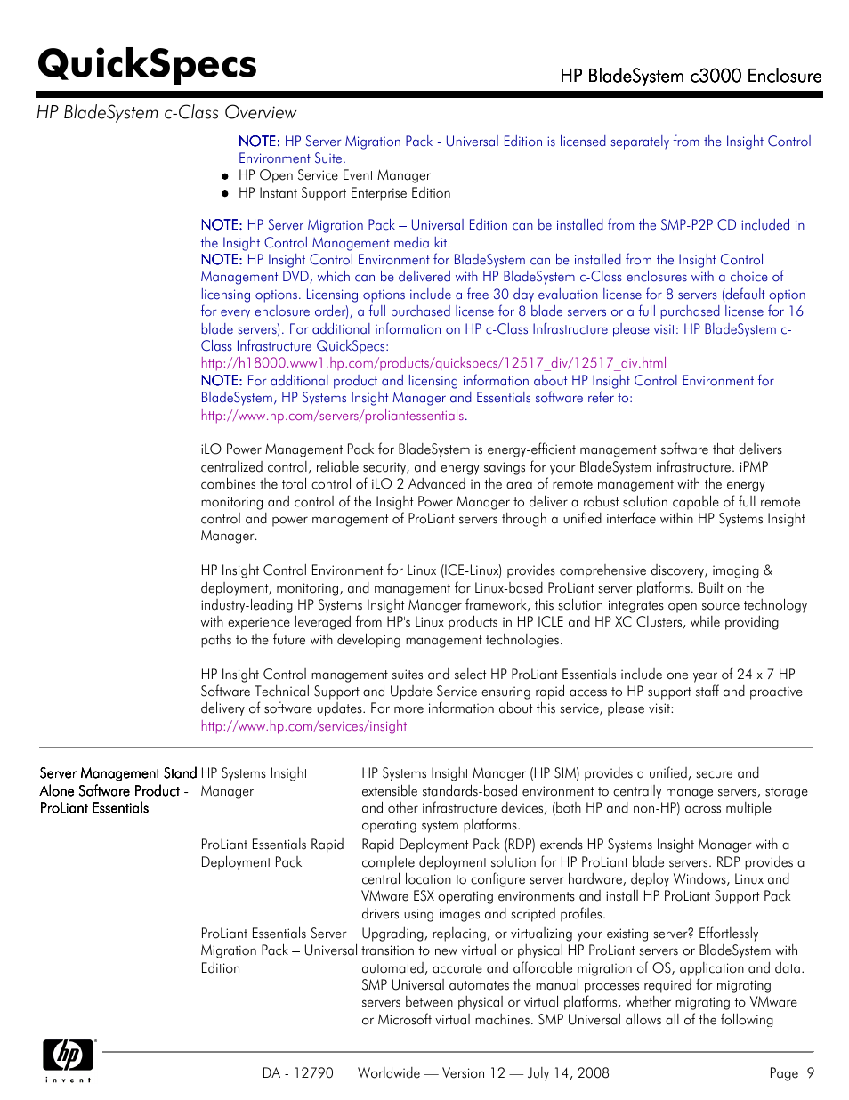Quickspecs, Hp bladesystem c3000 enclosure | HP Hewlett-Packard BladeSystem Enclosure c3000 User Manual | Page 9 / 37