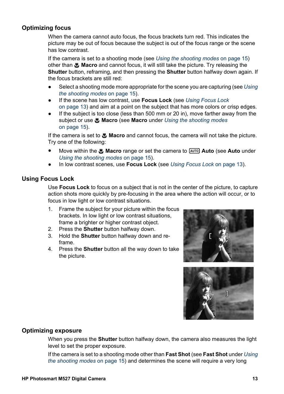 Optimizing focus, Using focus lock, Optimizing exposure | Optimizing | HP M527 User Manual | Page 13 / 46