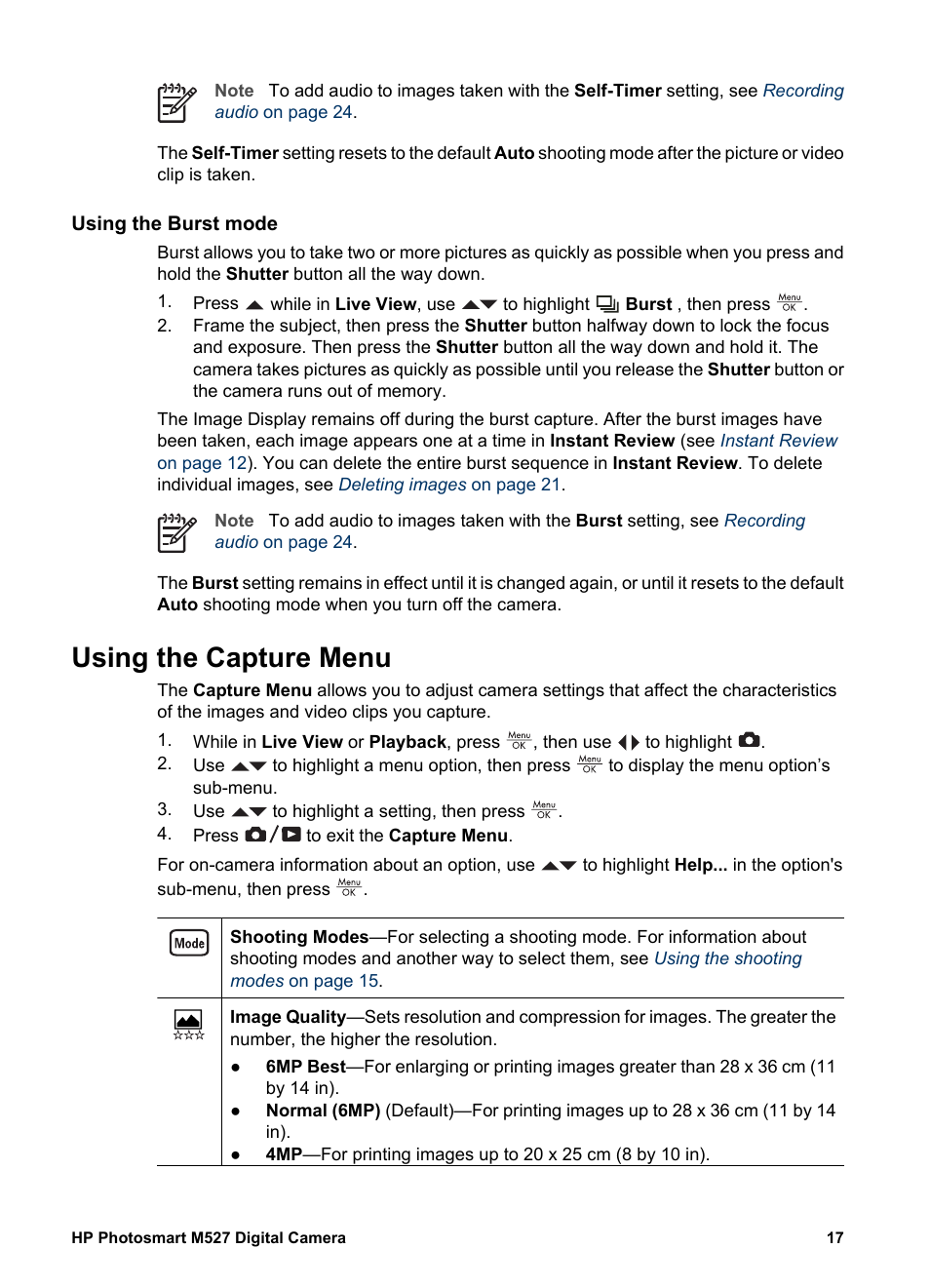 Using the burst mode, Using the capture menu, Exposure compensation white balance iso speed | HP M527 User Manual | Page 17 / 46