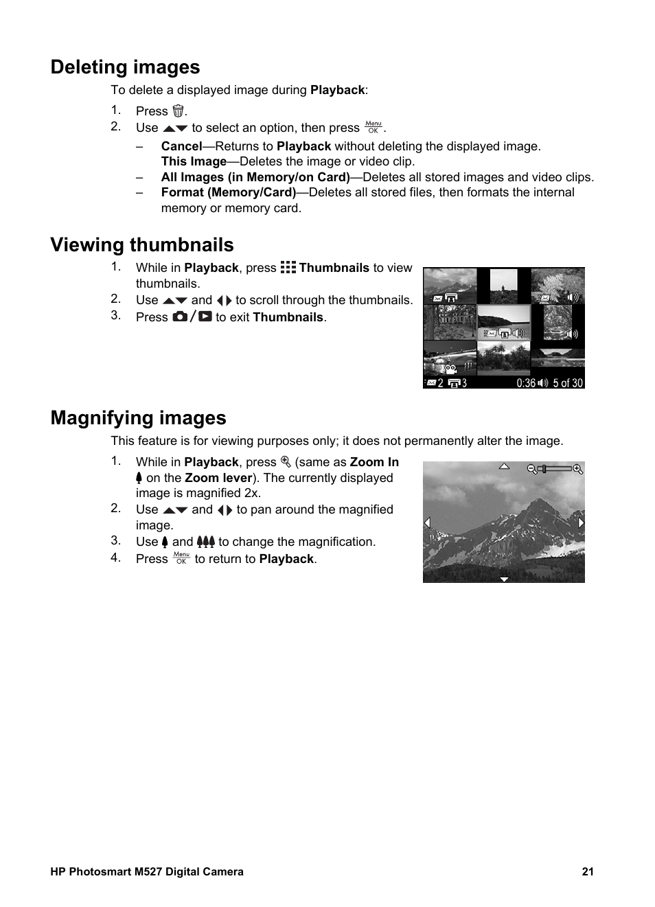 Deleting images, Viewing thumbnails, Magnifying images | Deleting | HP M527 User Manual | Page 21 / 46