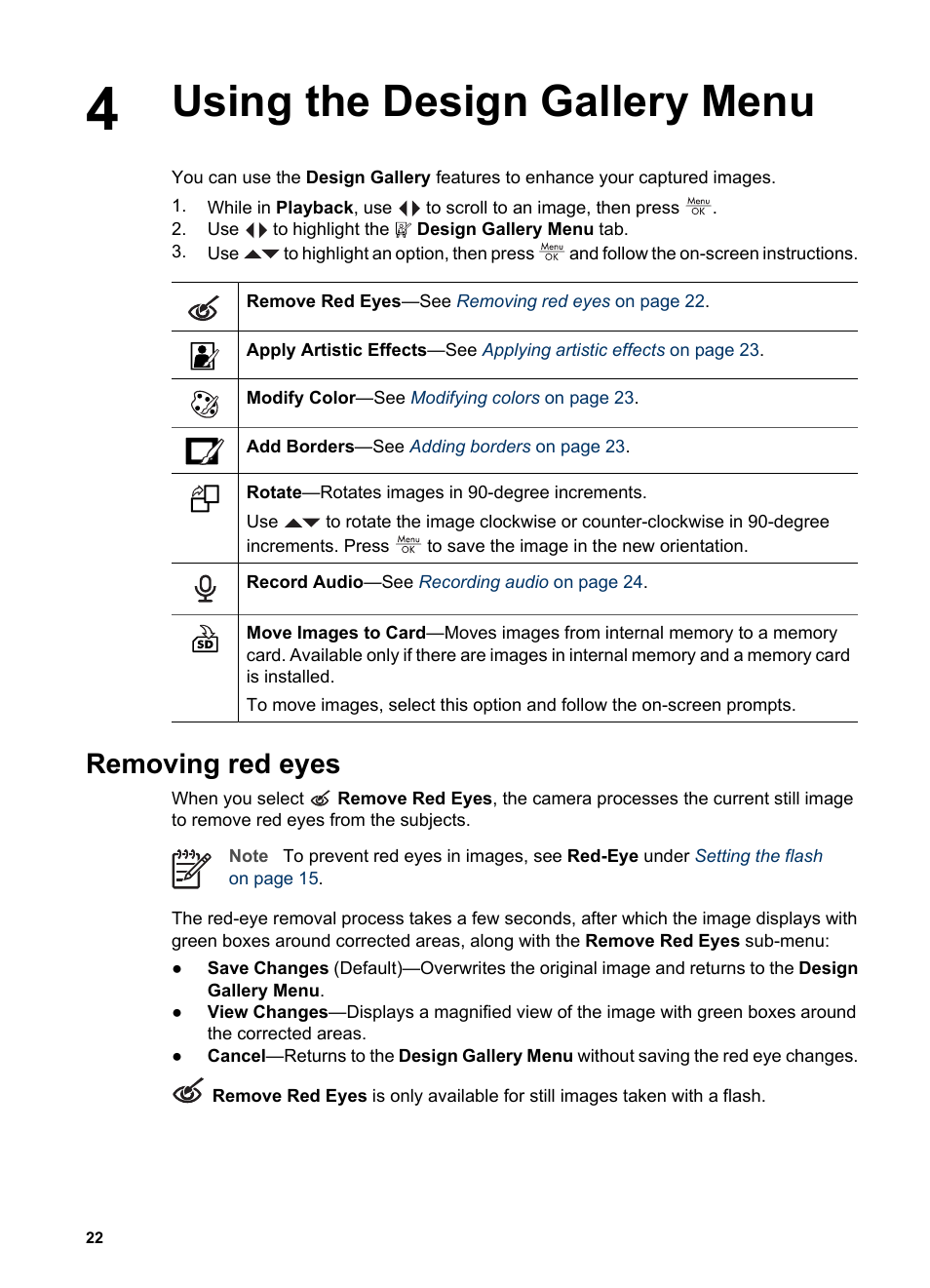 Using the design gallery menu, Removing red eyes, Using the design gallery menu removing red eyes | Using the | HP M527 User Manual | Page 22 / 46