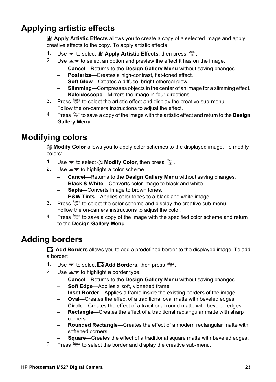 Applying artistic effects, Modifying colors, Adding borders | HP M527 User Manual | Page 23 / 46