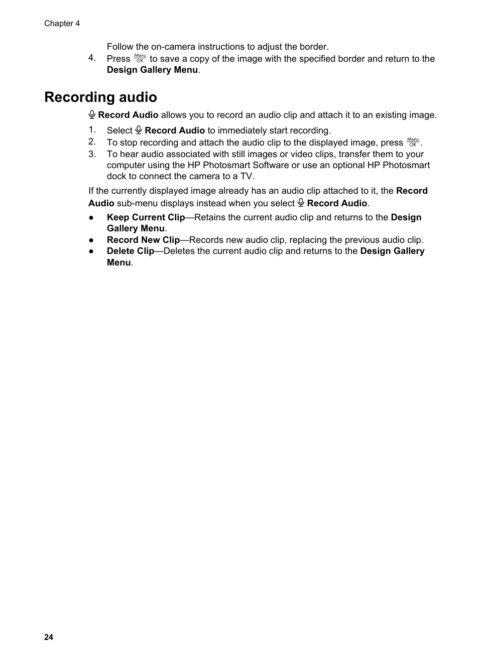 Recording audio, Recording | HP M527 User Manual | Page 24 / 46