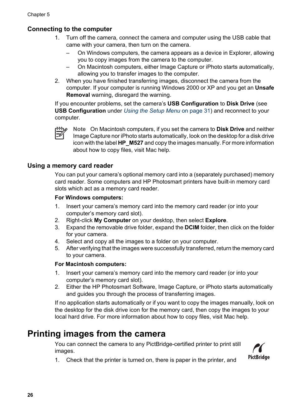 Connecting to the computer, Using a memory card reader, Printing images from the camera | HP M527 User Manual | Page 26 / 46