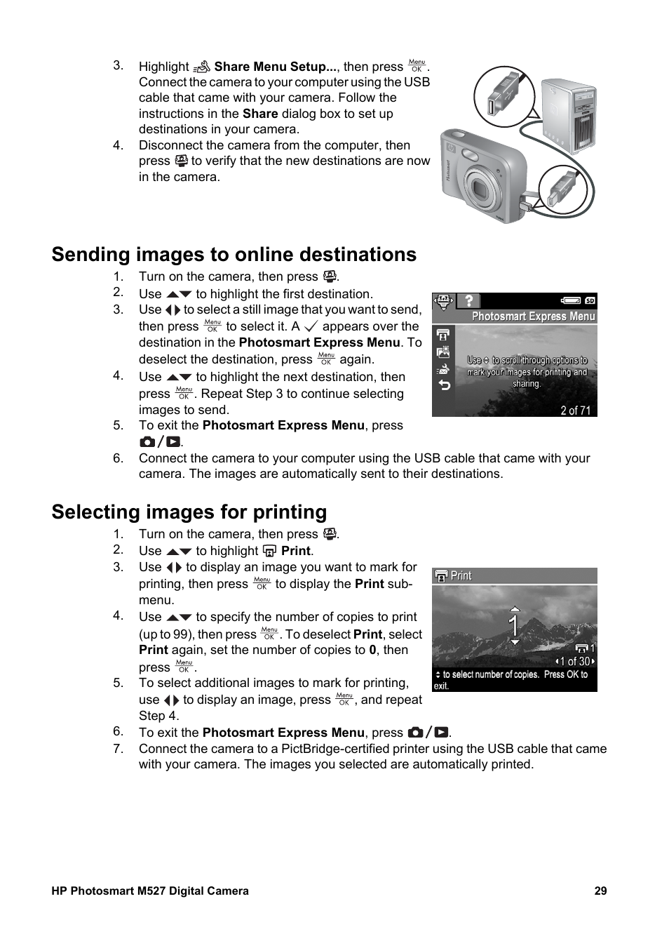 Sending images to online destinations, Selecting images for printing, Automatically (see | Sending images | HP M527 User Manual | Page 29 / 46