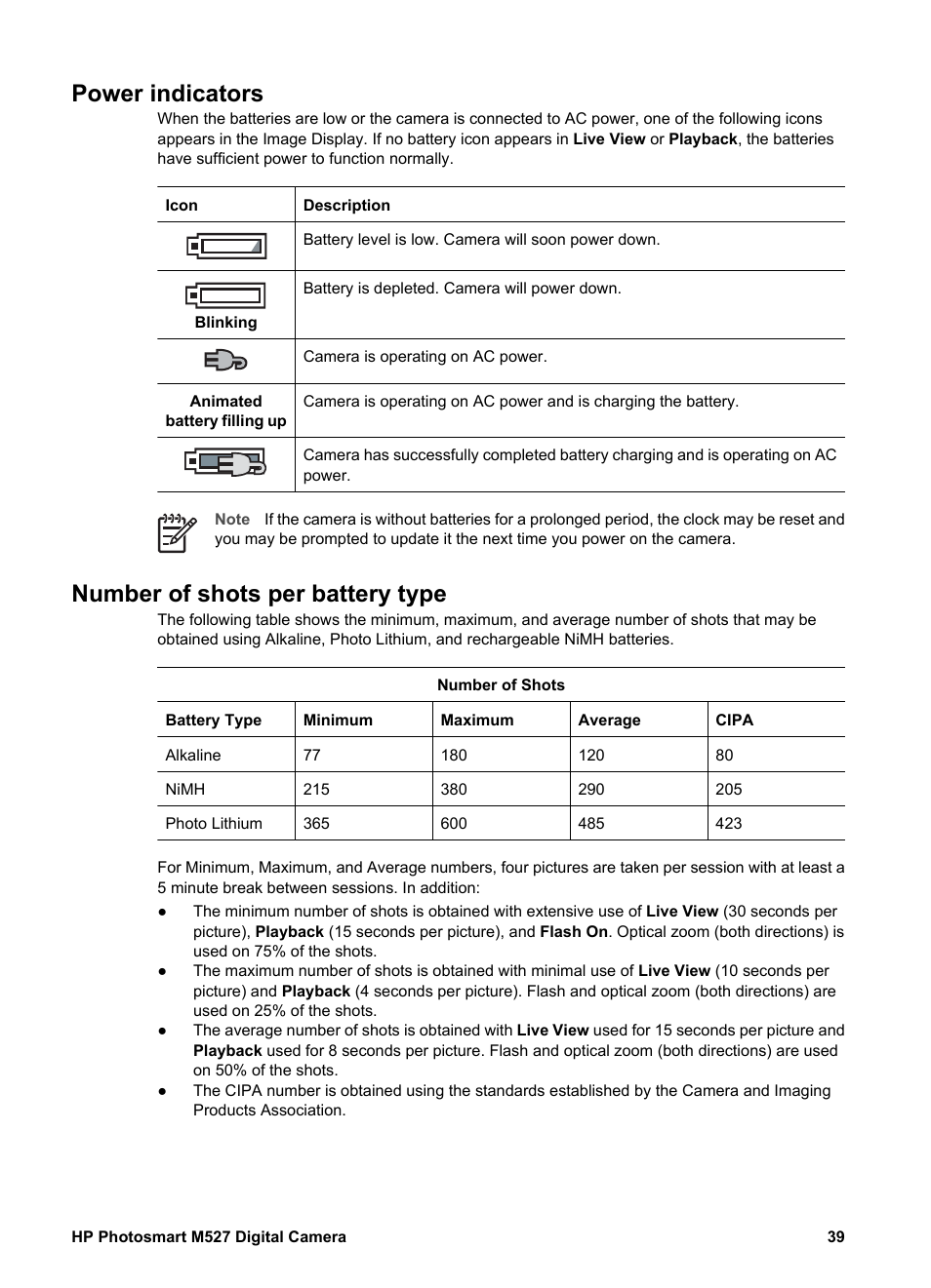 Power indicators, Number of shots per battery type, Power indicators number of shots per battery type | HP M527 User Manual | Page 39 / 46