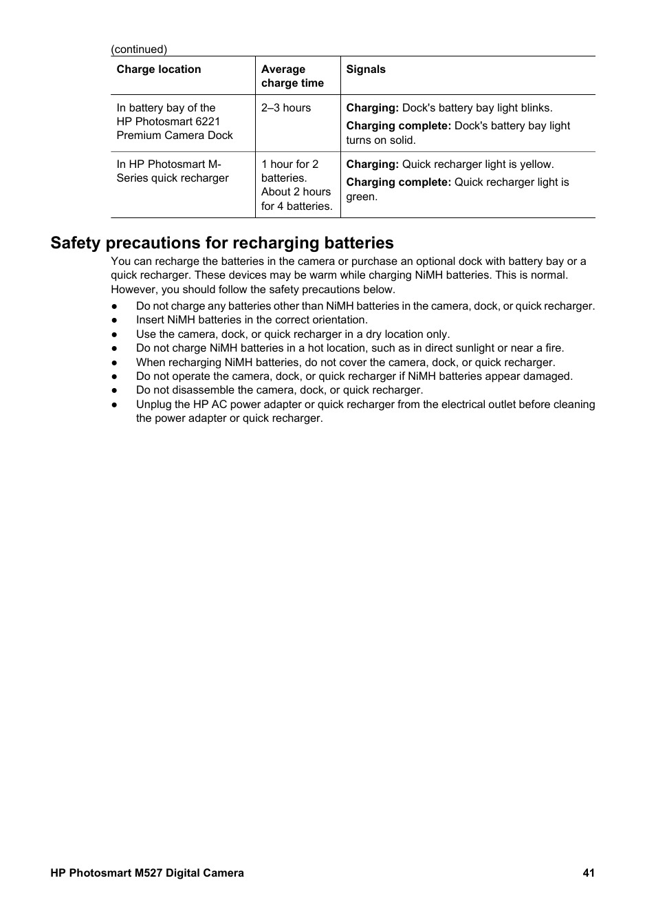 Safety precautions for recharging batteries | HP M527 User Manual | Page 41 / 46