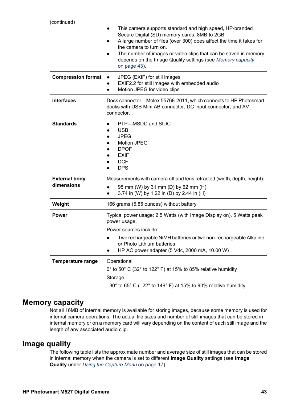 Memory capacity, Image quality, Memory capacity image quality | For ti | HP M527 User Manual | Page 43 / 46