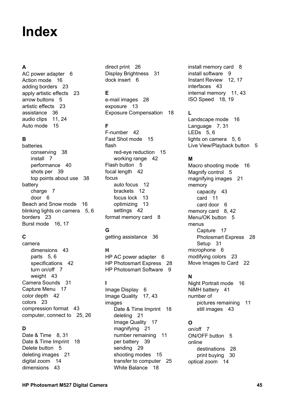 Index | HP M527 User Manual | Page 45 / 46