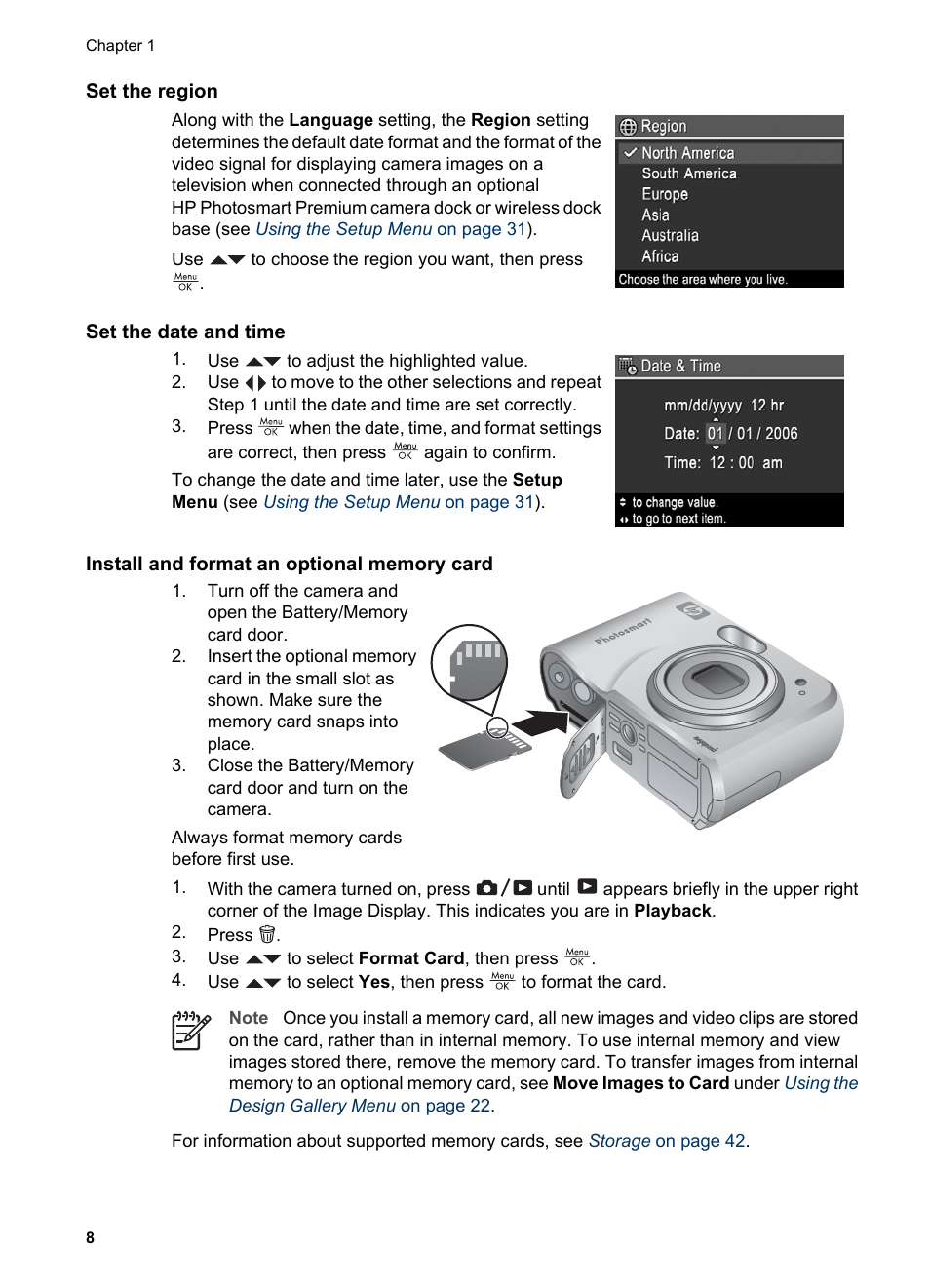 Set the region, Set the date and time, Install and format an optional memory card | HP M527 User Manual | Page 8 / 46
