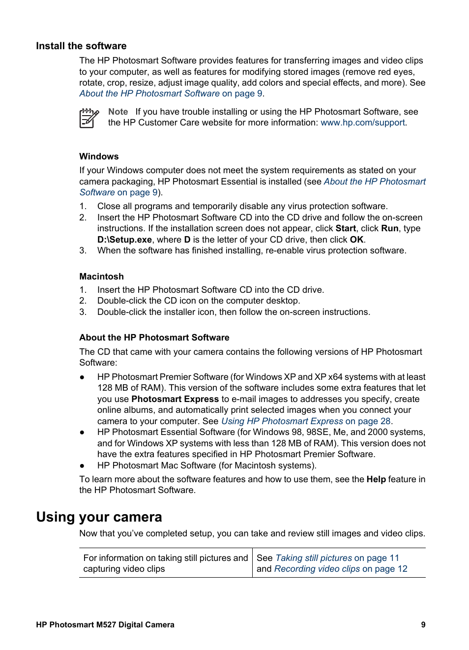 Install the software, Windows, Macintosh | About the hp photosmart software, Using your camera | HP M527 User Manual | Page 9 / 46