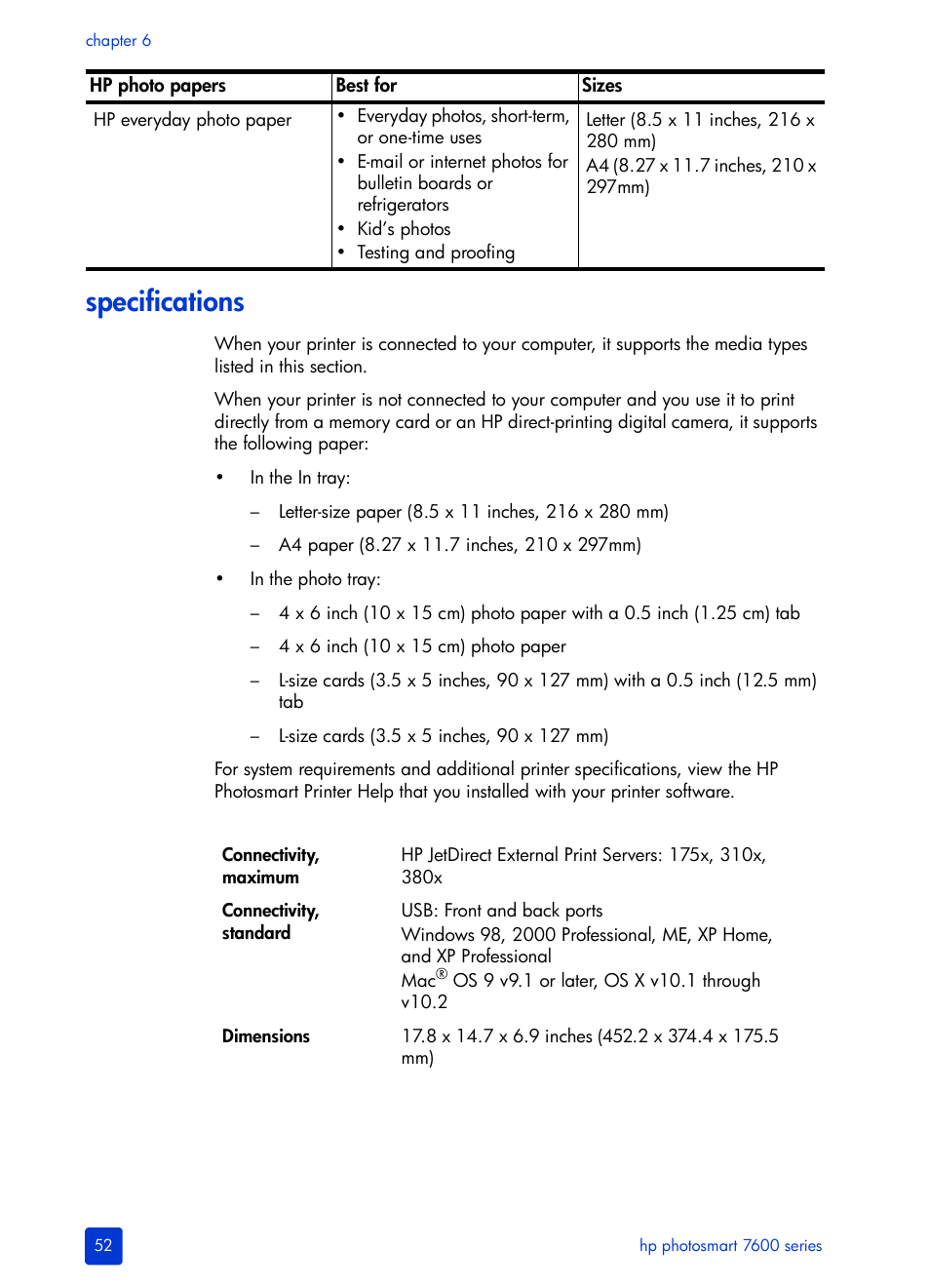 Specifications | HP 7600 User Manual | Page 56 / 64