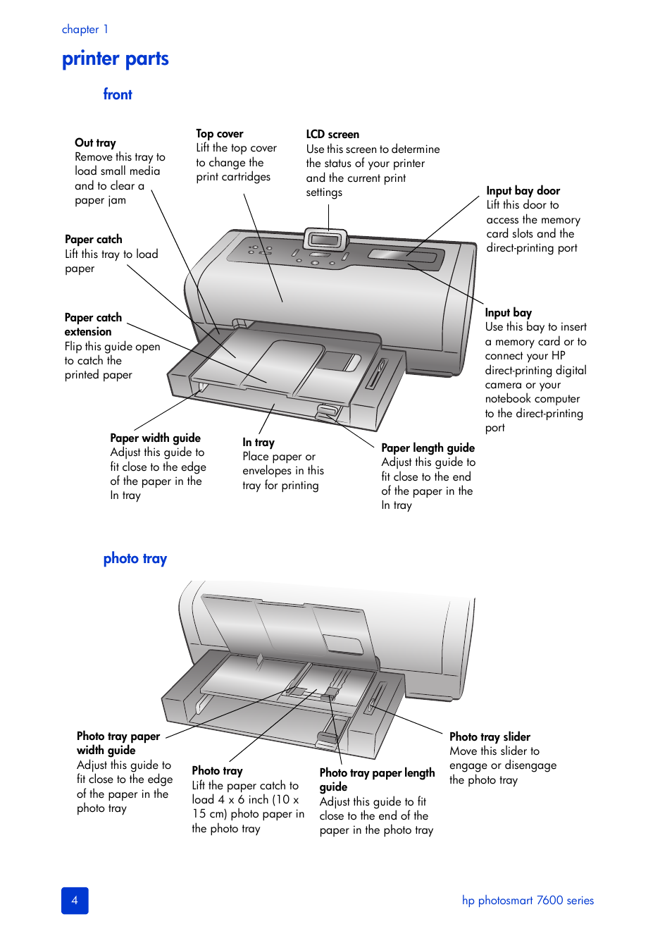 Printer parts, Front photo tray | HP 7600 User Manual | Page 8 / 64