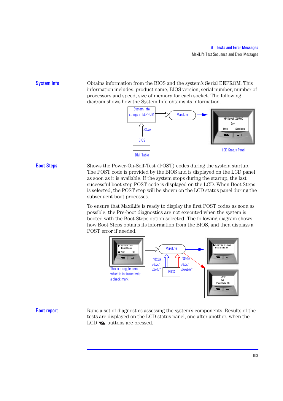 System info, Boot steps, Boot report | HP XU700 User Manual | Page 103 / 124