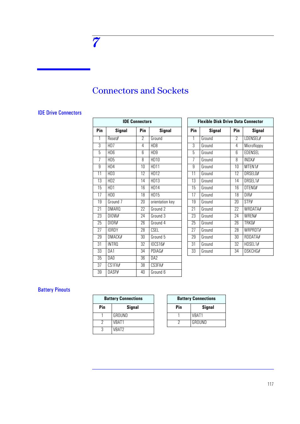 7 connectors and sockets, Connectors and sockets, Ide drive connectors battery pinouts | HP XU700 User Manual | Page 117 / 124