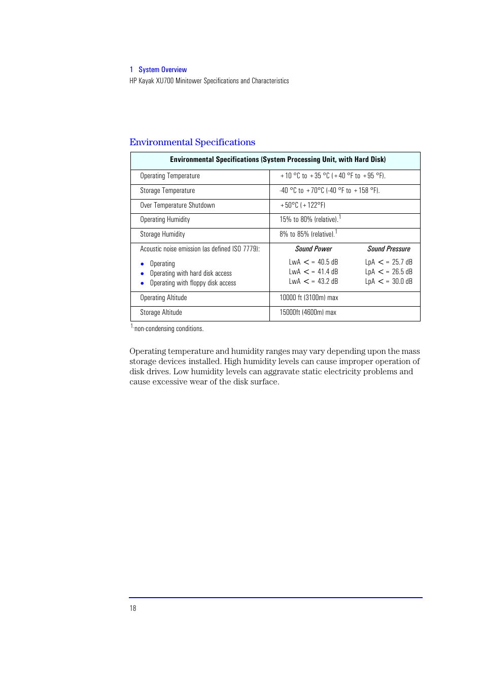 Environmental specifications | HP XU700 User Manual | Page 18 / 124