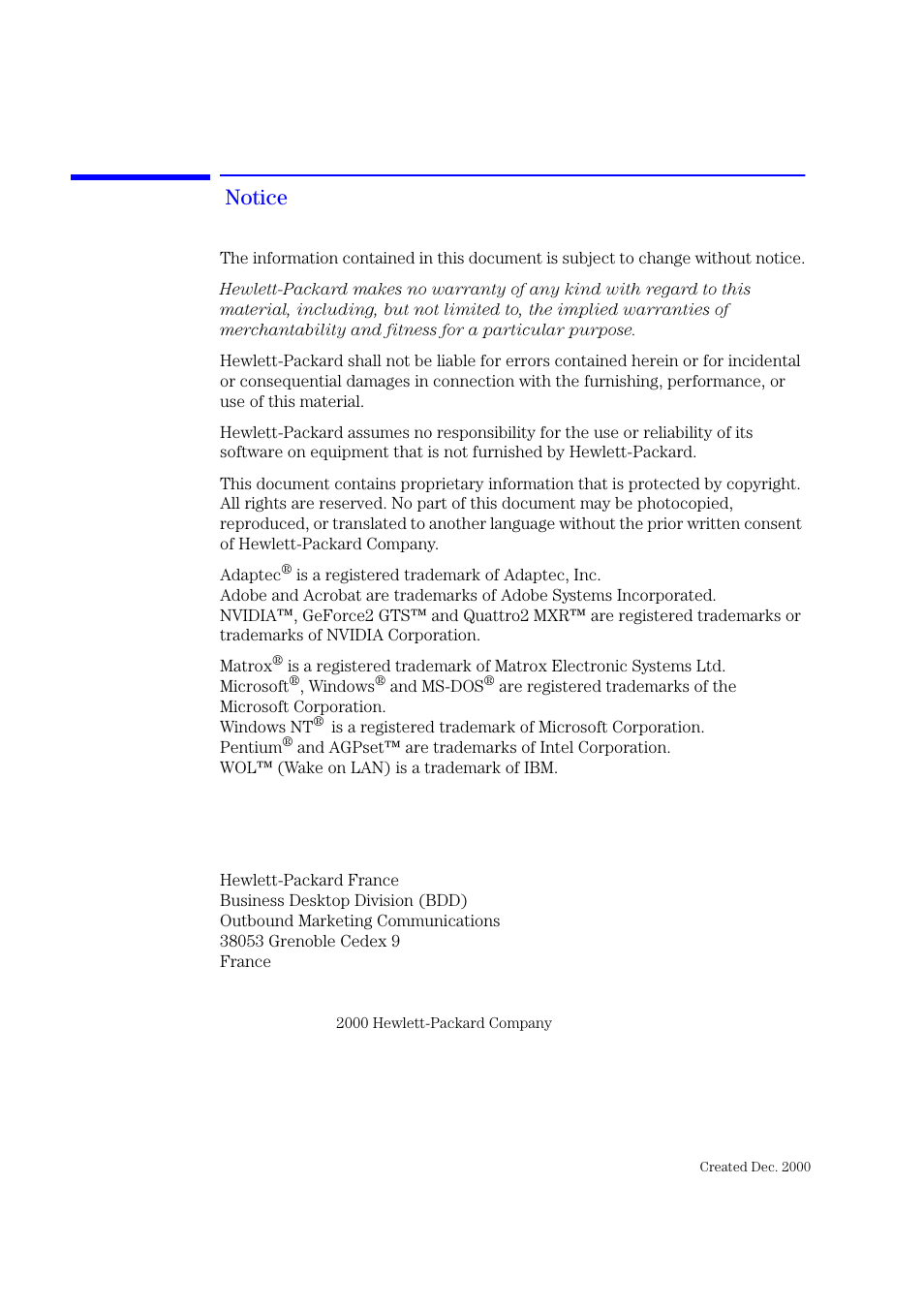 Notice | HP XU700 User Manual | Page 2 / 124