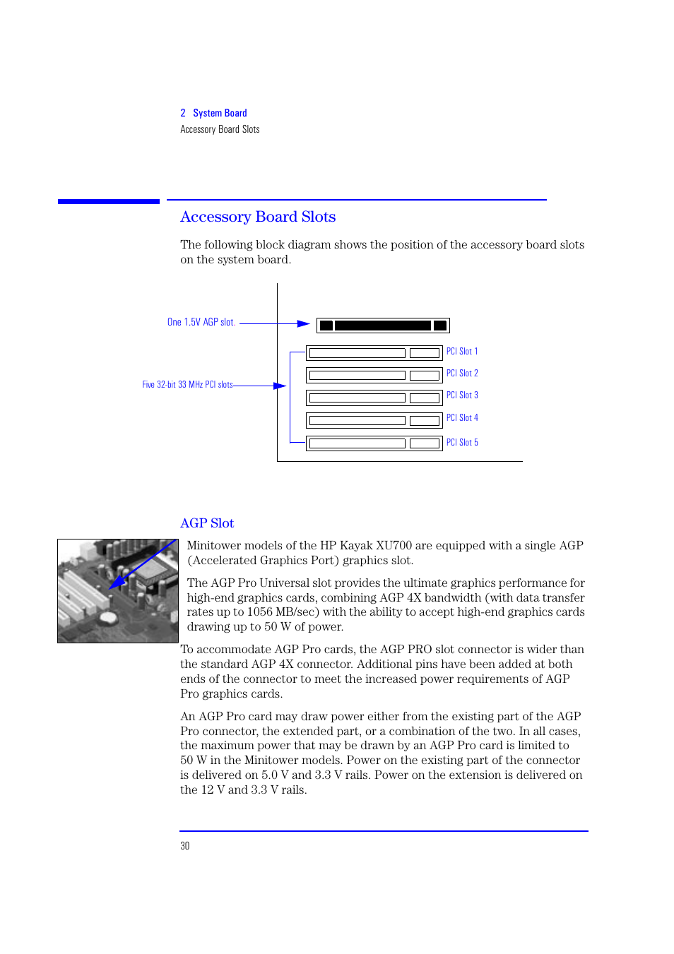 Accessory board slots, Agp slot | HP XU700 User Manual | Page 30 / 124