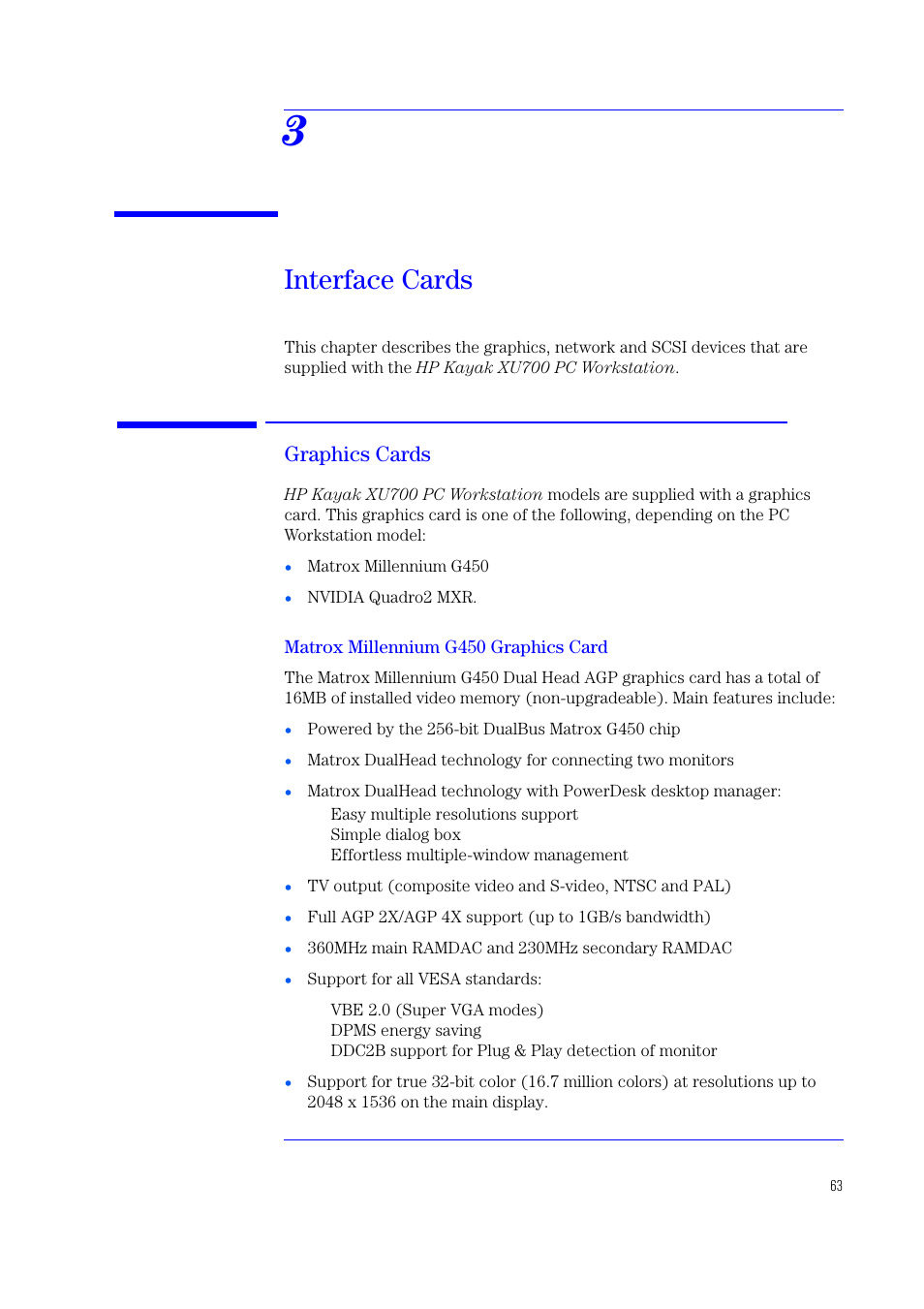 3 interface cards, Graphics cards, Matrox millennium g450 graphics card | Chapter 3, Interface cards | HP XU700 User Manual | Page 63 / 124