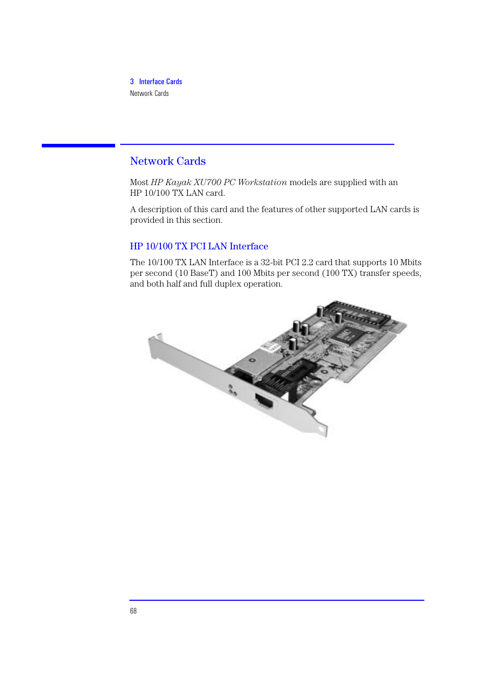 Network cards, Hp 10/100 tx pci lan interface | HP XU700 User Manual | Page 68 / 124