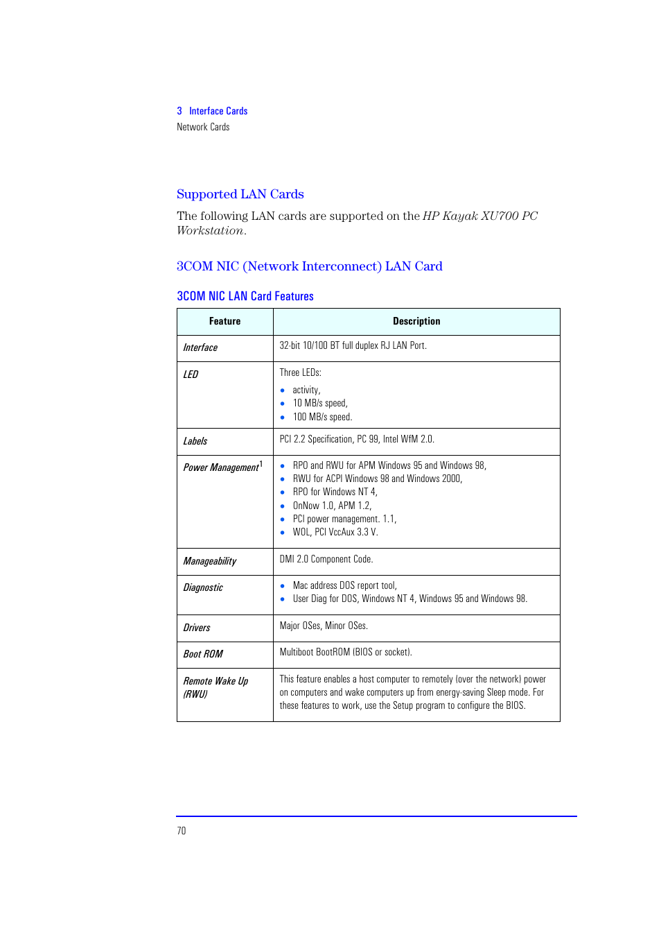 Supported lan cards, 3com nic (network interconnect) lan card, 3com nic lan card features | HP XU700 User Manual | Page 70 / 124