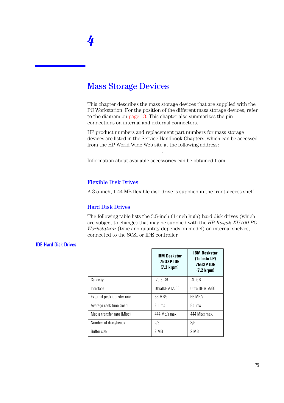 4 mass storage devices, Flexible disk drives, Hard disk drives | Devices are described in, Chapter 4, Mass storage devices | HP XU700 User Manual | Page 75 / 124