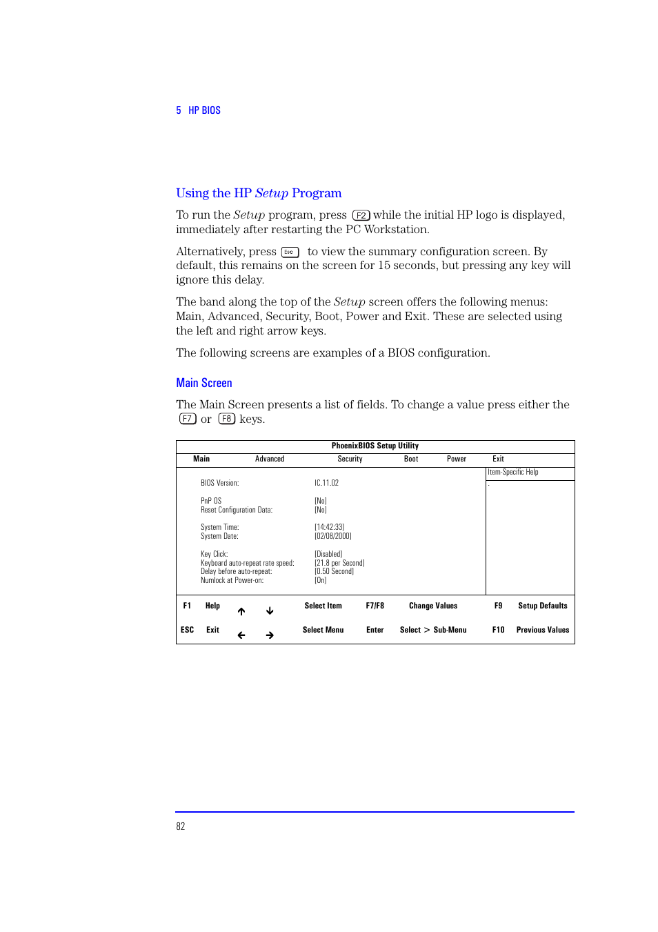 Using the hp setup program, Main screen | HP XU700 User Manual | Page 82 / 124