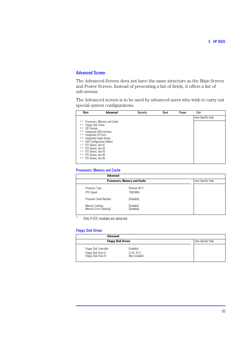 Advanced screen, 83 5 hp bios, Only if ecc modules are detected | HP XU700 User Manual | Page 83 / 124