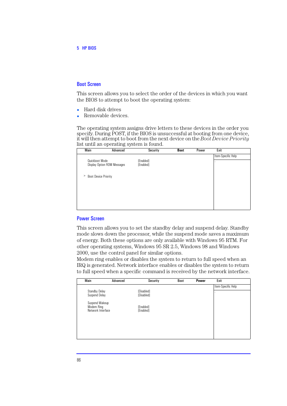 Boot screen, Power screen, Hard disk drives | HP XU700 User Manual | Page 86 / 124