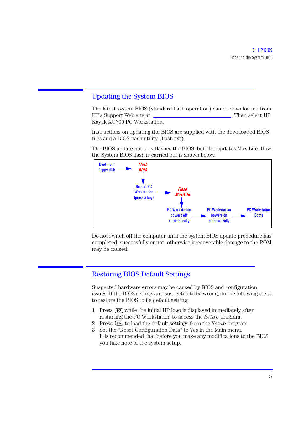 Updating the system bios, Restoring bios default settings | HP XU700 User Manual | Page 87 / 124