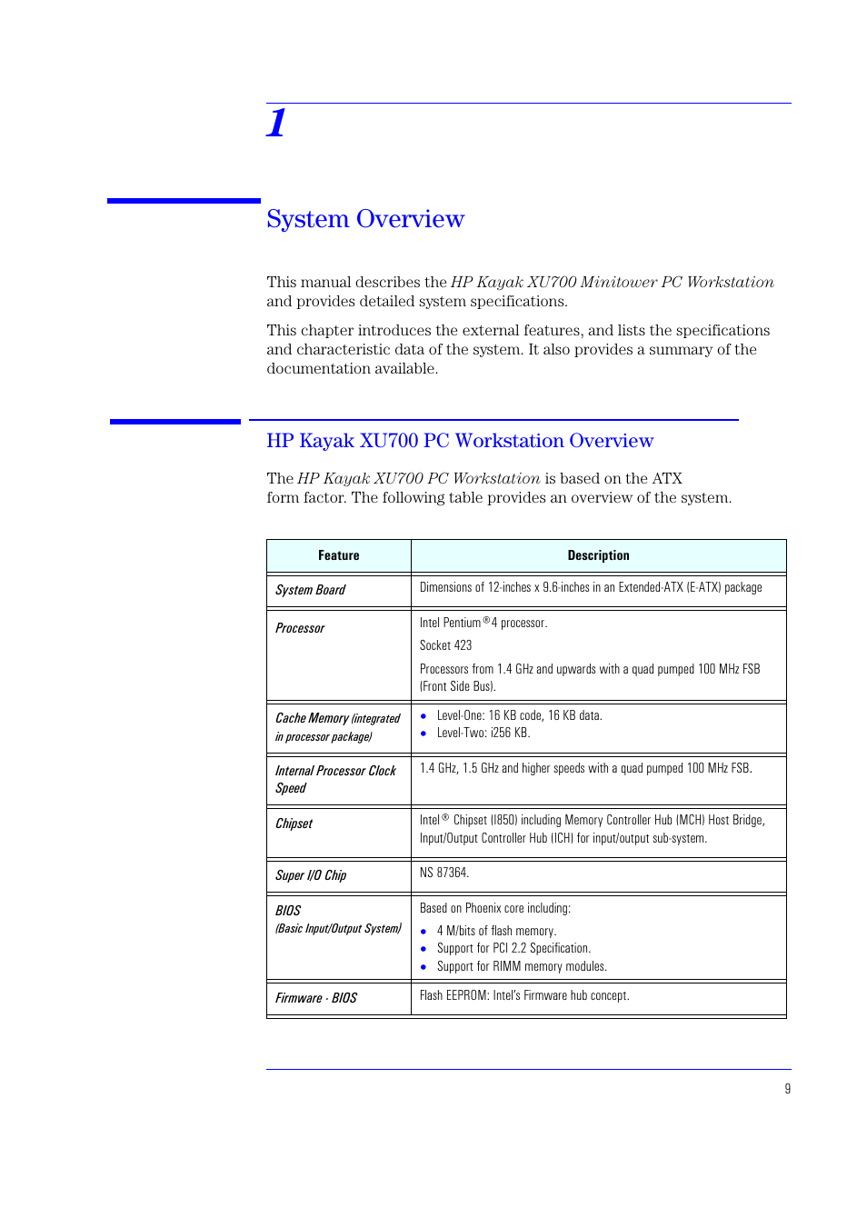 1 system overview, Hp kayak xu700 pc workstation overview, System overview | HP XU700 User Manual | Page 9 / 124