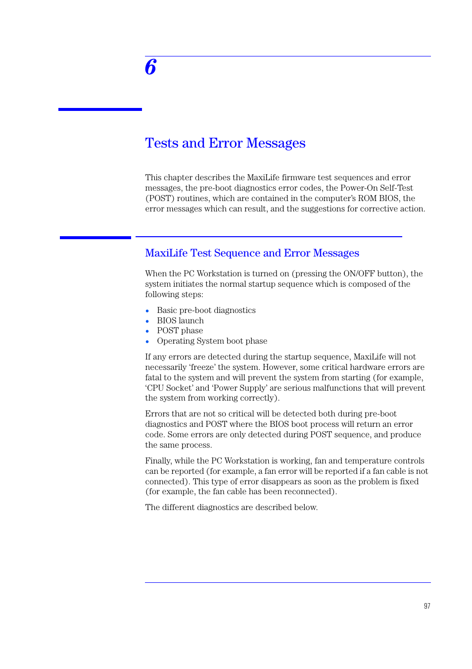 6 tests and error messages, Maxilife test sequence and error messages, Est routines are described in | Chapter 6, Tests and error messages | HP XU700 User Manual | Page 97 / 124