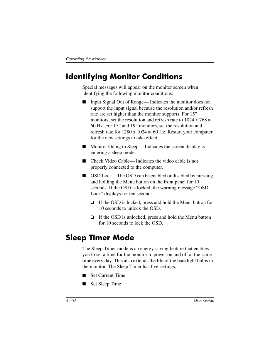 Identifying monitor conditions, Sleep timer mode | HP 1506 User Manual | Page 32 / 60